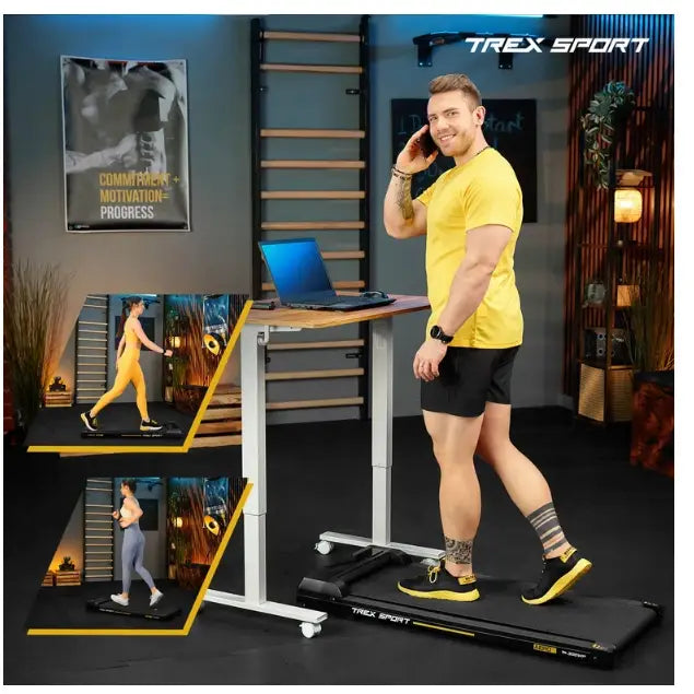 Tredemølle for hjemmetrening AERO Trex Sport, sidevisning under skrivebord med PC i bruk.