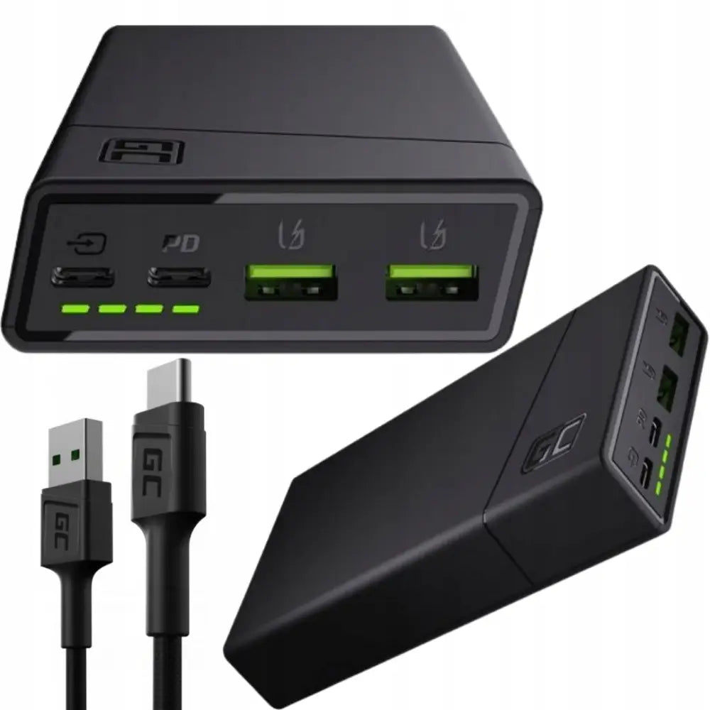 Green Cell svart powerbank 20000 mAh med fire porter, LED-indikatorer og medfølgende kabler, sett fra flere vinkler.