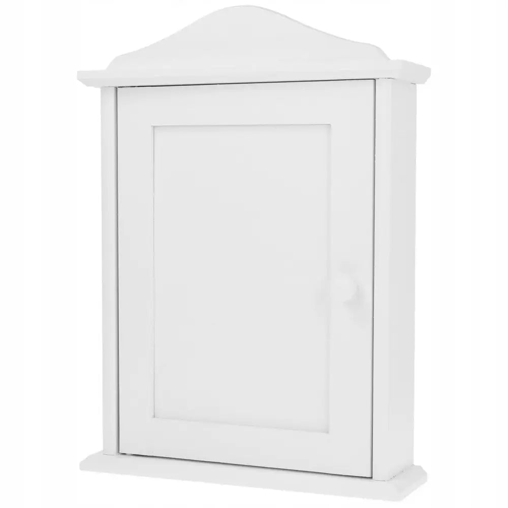 Trekasse for nøkler, hvitt veggskap med buet topp, enkel knapphåndtak og matt overflate.