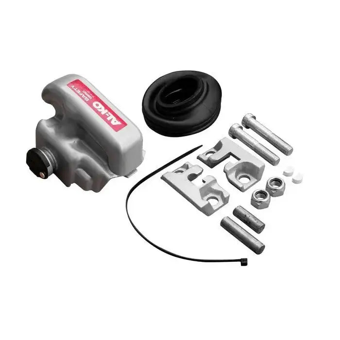 Trekkbeskyttelse AL-KO Safety Compact, sett ovenfra med alle metalldeler, bolter og sort gummidel på hvit bakgrunn.