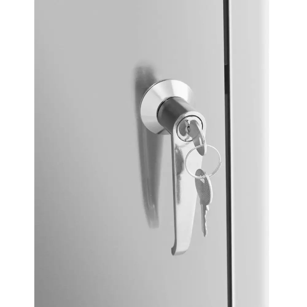 Trekkbeskyttelse for søppelkurv, nærbilde av sølvfarget håndtak med sylinderlås og tilhørende nøkler.