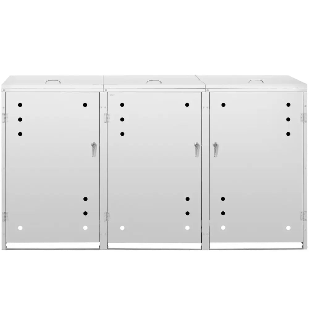 Trekkbeskyttelse for triple søppelkurv i stål, frontbilde med tre dører, håndtak og runde ventilasjonshull.