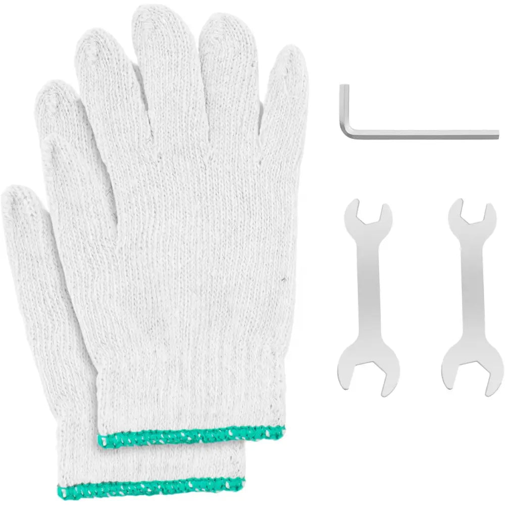 Monteringssett for trekkbeskyttelse, inkludert hvite hansker, unbrakonøkkel og to fastnøkler mot hvit bakgrunn.