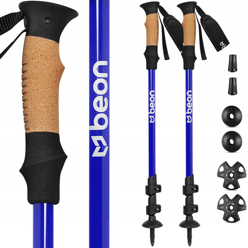 Trekkingstaver Nordic Walking Beon Pro 2, blå staver med korkhåndtak og utskiftbare trinser og endestykker.
