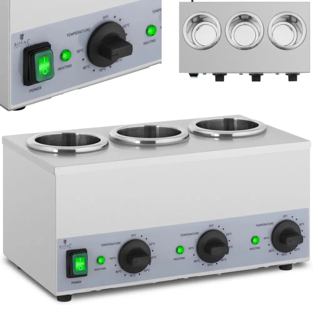 Tremannsflaskevarmer i rustfritt stål, tre åpninger og individuelle temperaturkontroller med grønne lys.