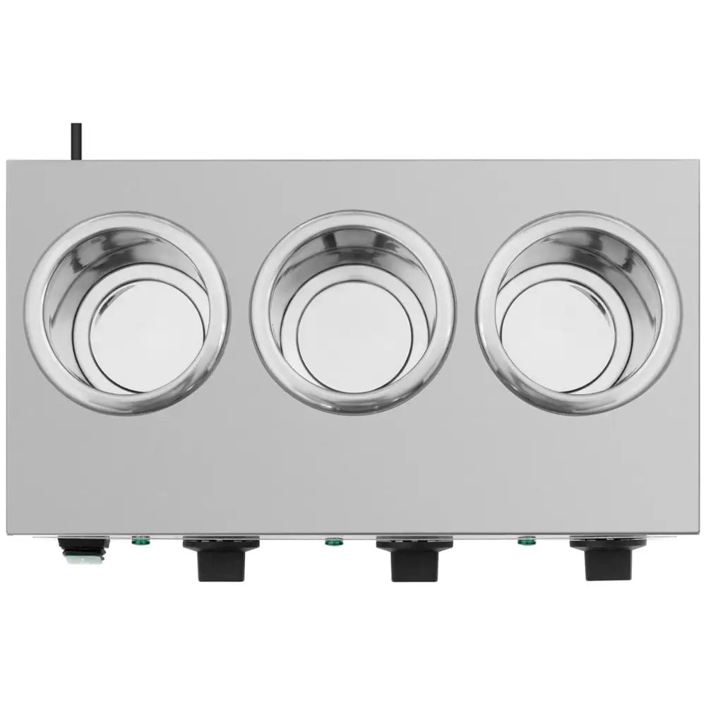 Tremannsflaskevarmer med trippel varmesone, oversiktsbilde som viser tre dype hull og sorte brytere.