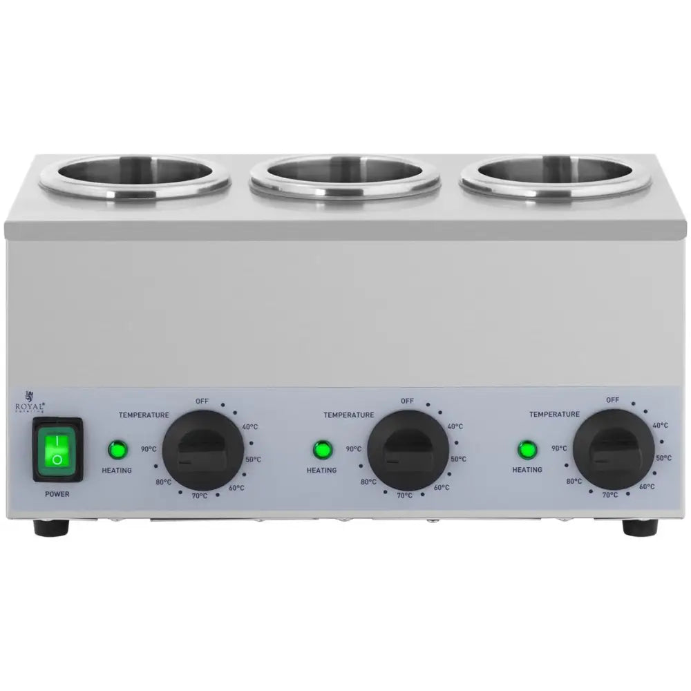 Tremannsflaskevarmer med trippel varmesone, frontbilde med tre beholdere, brytere og grønne indikatorlys.