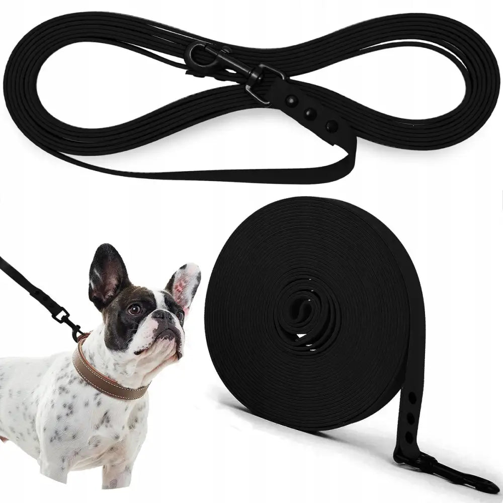 Treningsbånd for Hund Kraftig Biothane PVC 10 meter, svart line med karabinkrok, demonstrert i bruk med hund.