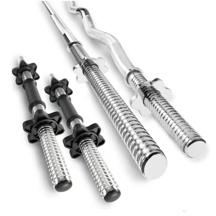 Vektstangsett med fire kromstenger, to rette og to bøyde, sorte plasthåndtak og stjernelås, skrå vinkel.