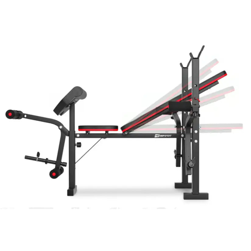 Treningsbenk med vektstangsett, sidevisning med justerbar ryggstøtte samt tydelige ben- og armputer.