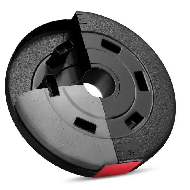 Sort vektplate med rød kantdetalj, delvis kuttet for å vise innvendig konstruksjon og glatt overflate.