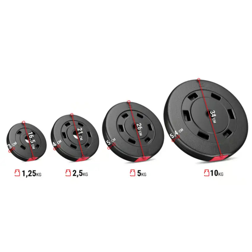 Vektplater til treningsbenk, fire svarte skiver i ulike størrelser med tydelig synlige vektangivelser.