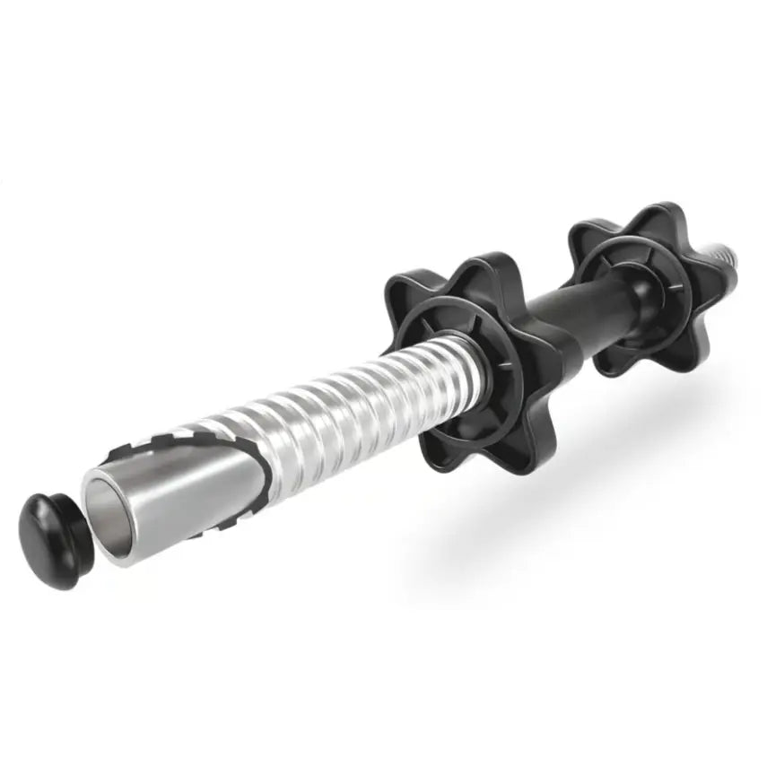 Vektstang fra treningsbenksett, sølvfarget med svarte plasthåndtak og stjernehjul-lås, sidevisning.