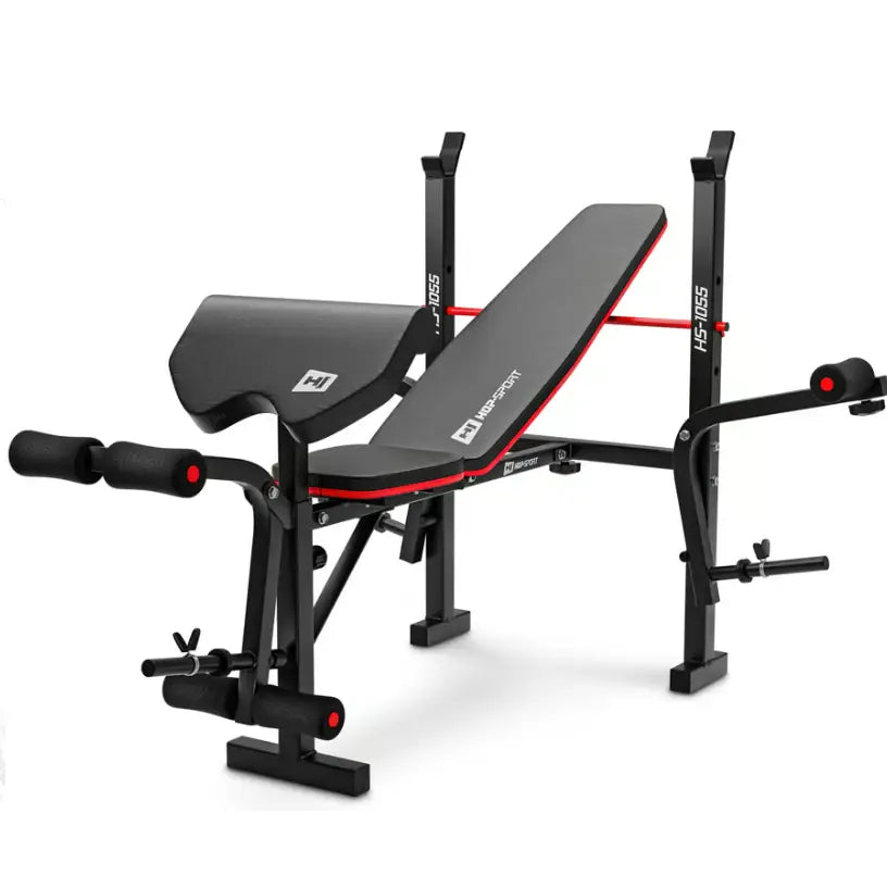 Treningsbenk med vektstangsett, sort og rød polstring, sett forfra med justerbare puter og styrketreningsutstyr.