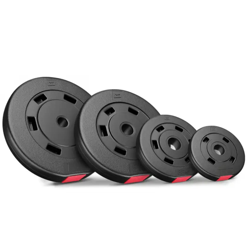 Vektskiver i plast med røde markeringer, ulike størrelser, skrå forfra, til treningsbenk med vektstang.