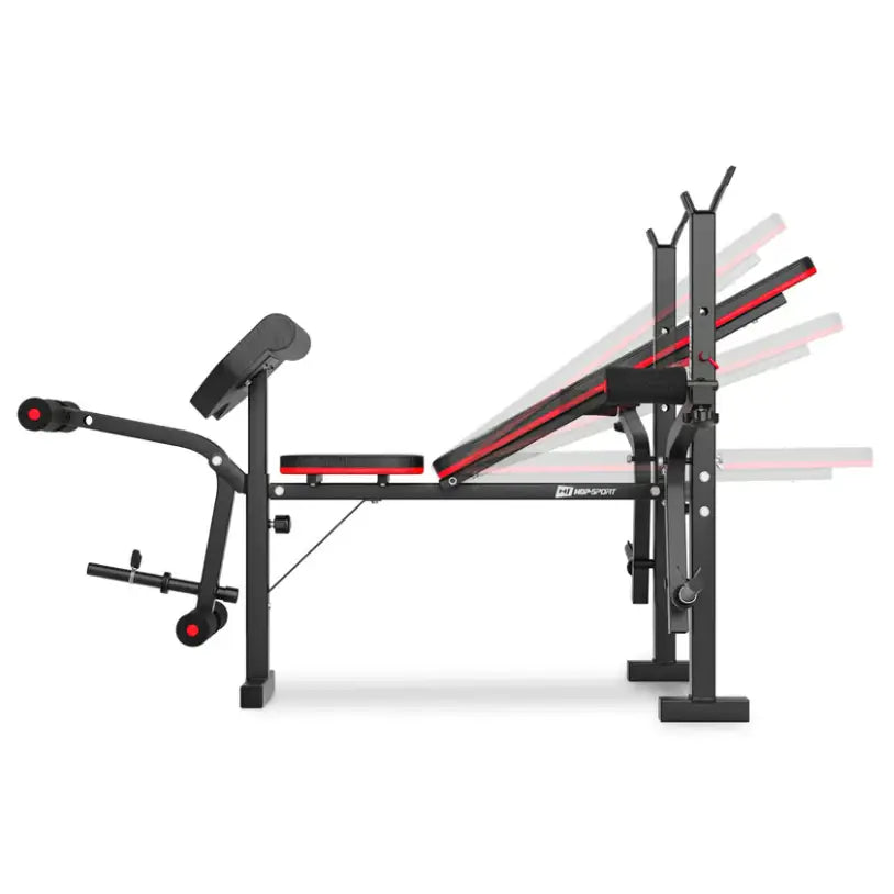 Treningsbenk med vektstangsett, sidevisning som fremhever justerbar ryggstøtte og røde detaljer.