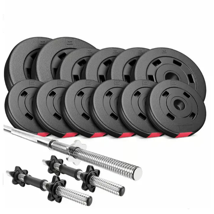 Treningsbenk med vektstangsett, skråvisning av svarte vektskiver med røde detaljer og metallstenger på hvit bakgrunn.