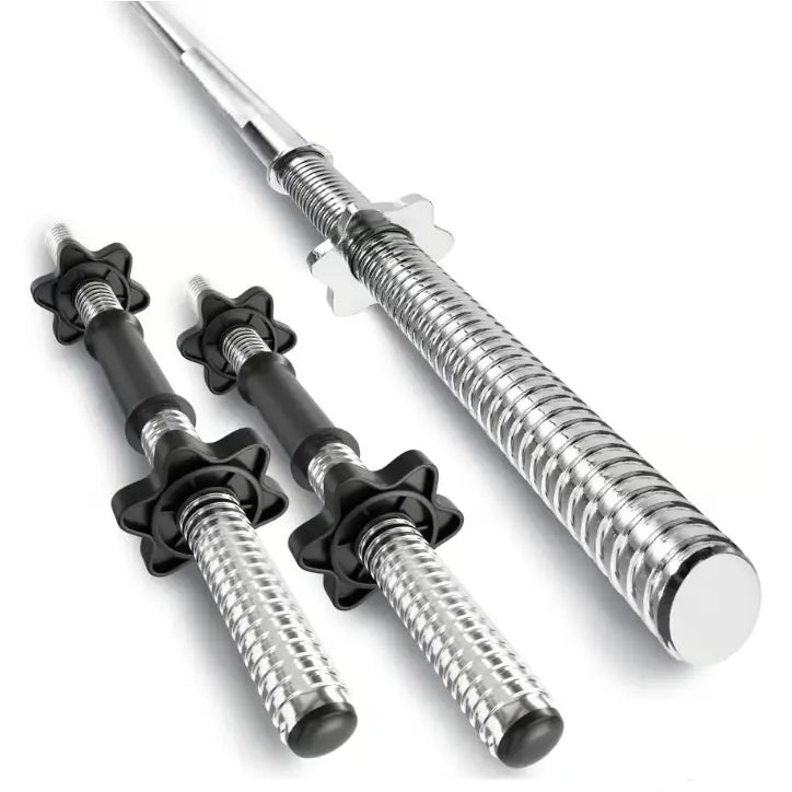 Treningsbenk med vektstangsett, skråvisning av krommede manualer med svarte grep og stjernelås på hvit bakgrunn.