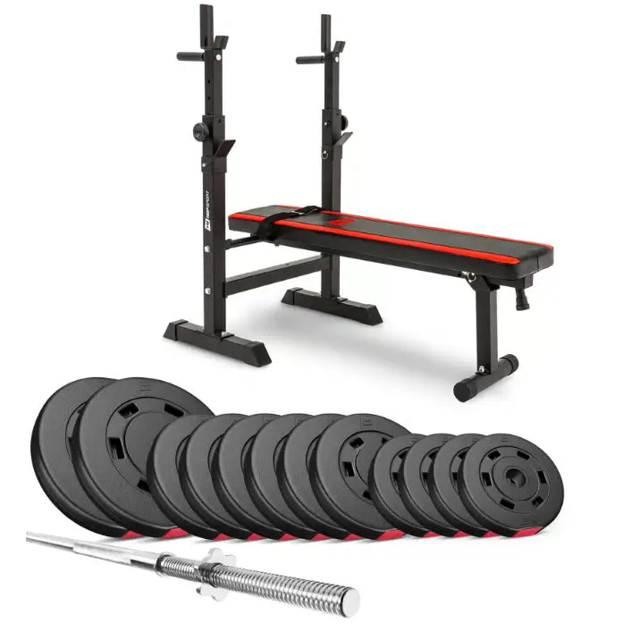 Treningsbenk med vektstangsett, sidevisning som viser røde detaljer, vektstang og sorte vektskiver foran benken.