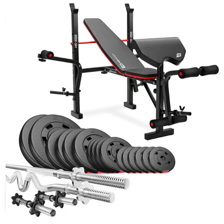 Treningsbenk med svarte og røde detaljer, vektstang og flere vektskiver plassert foran benken.