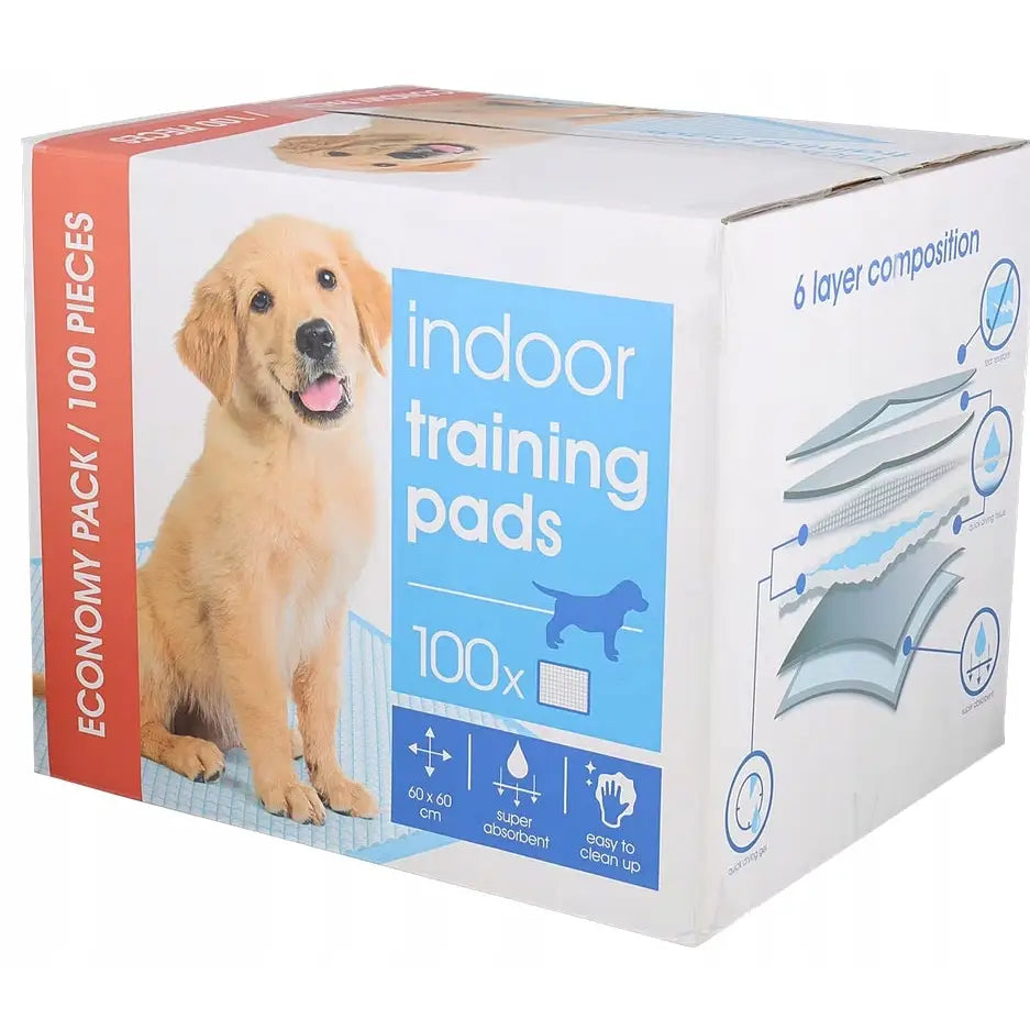 Treningsmatter for valper 6-lags 100stk, eske med valpebilde og illustrasjon av lagvis oppbygning samt produktdetaljer.