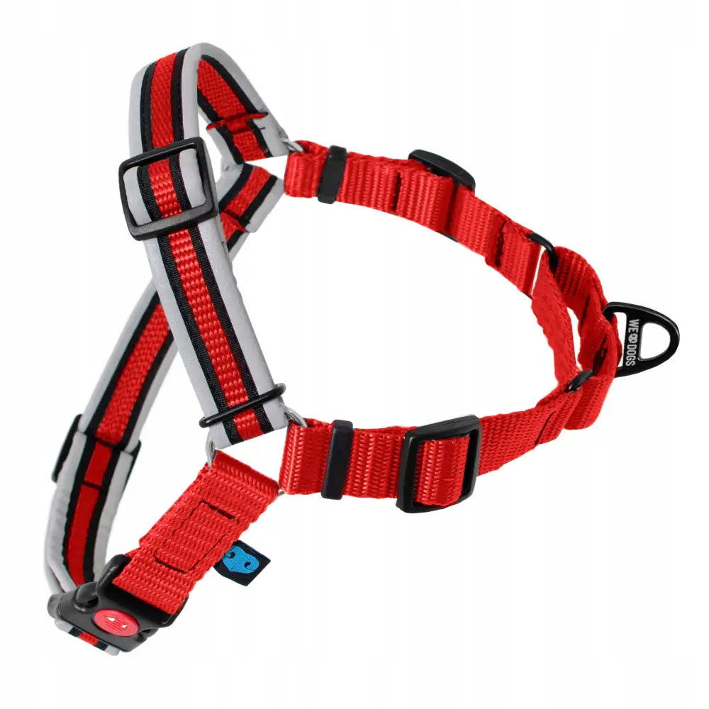 Treningssele Easy Walk i rødt og grått nylon, sidevisning med justerbare remmer, sort spenne og reflekser langs kantene.