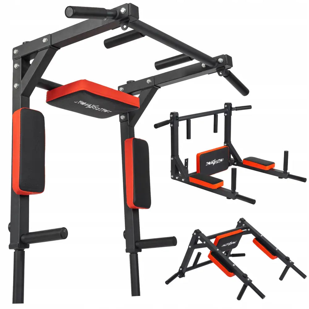 Treningsstang for håndtak og mageøvelser, sort metallstativ med røde puter og alternative oppsett vist.