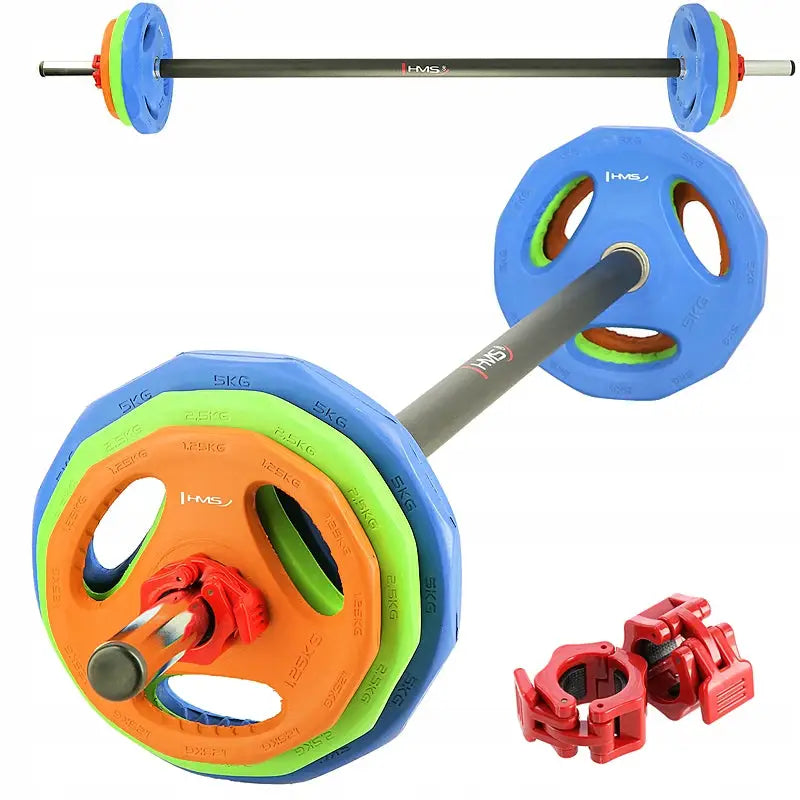 Treningsstang Pump med vekter, skrå nærbilde av fargerike vektskiver og to røde låser sett ovenfra.