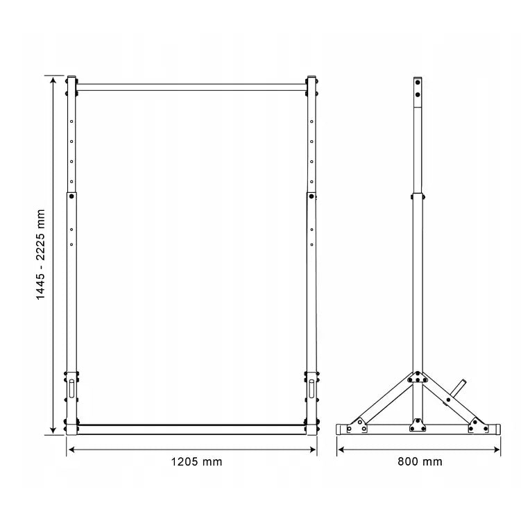 Treningsstang stasjonær, teknisk strekillustrasjon som viser justerbare høyder og mål i millimeter fra to vinkler.