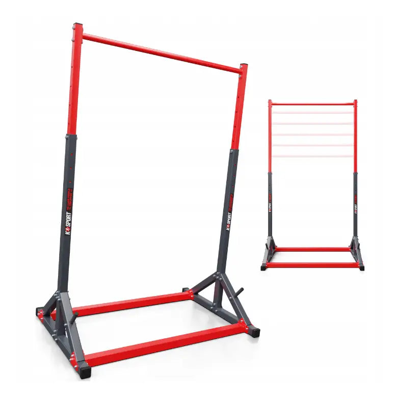 Treningsstang stasjonær, metallstativ med rød og grå finish, skrå frontvisning av justerbar høyde og solid base.