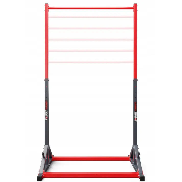 Treningsstang stasjonær, metallstativ med rød og svart ramme, frontvisning av justerbare høydenivåer.