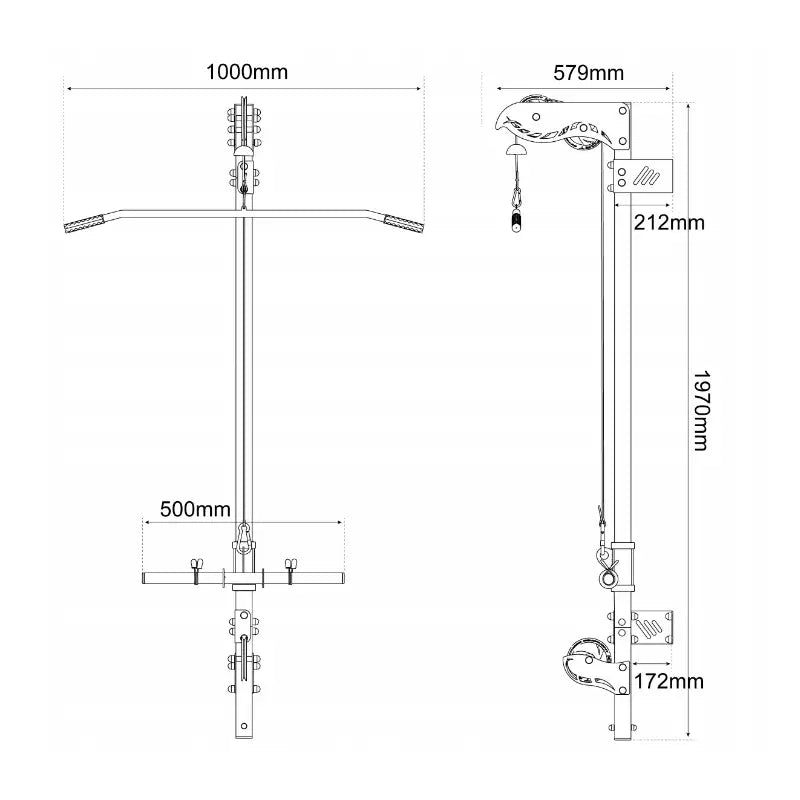 Nedtrekk maskin veggmontert, teknisk strekningstegning med mål i millimeter sett forfra og fra siden.
