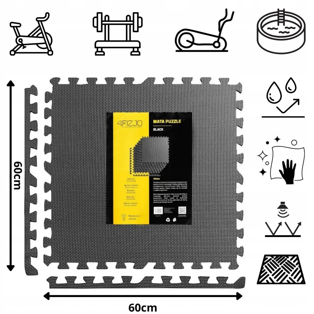 Sort treningsmatte i puslespill-design, 60x60 cm med teksturert overflate og illustrerte bruksområder.