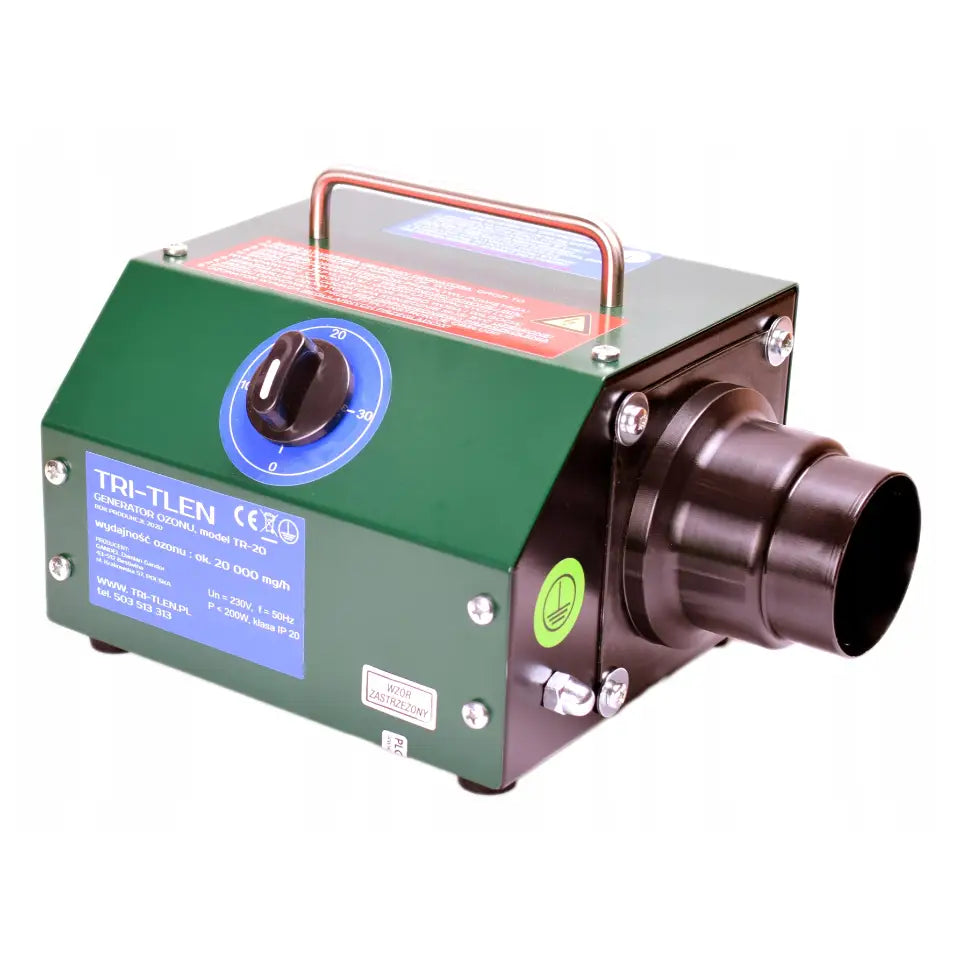 Tri-Tlen ozongenerator i grønn og svart, skrå frontvisning med tydelig håndtak, dreieknapp og blå teknisk etikett.