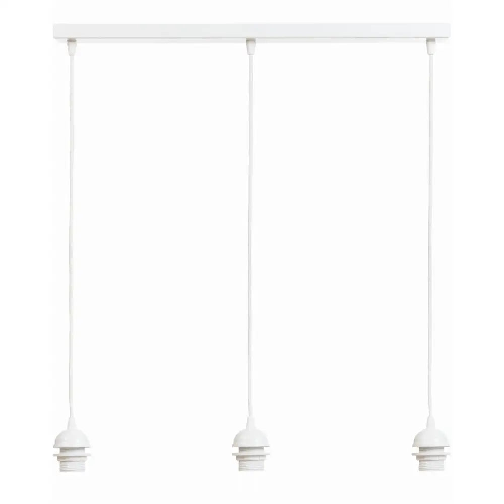 Trippel lampe skinne med tre hvite pendellamper, frontvisning mot hvit bakgrunn.