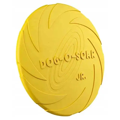 Trixie 33500 Hundeskive i gul naturgummi, frontbilde med "DOG-O-SOAR JR." og spiraldesign i midten.