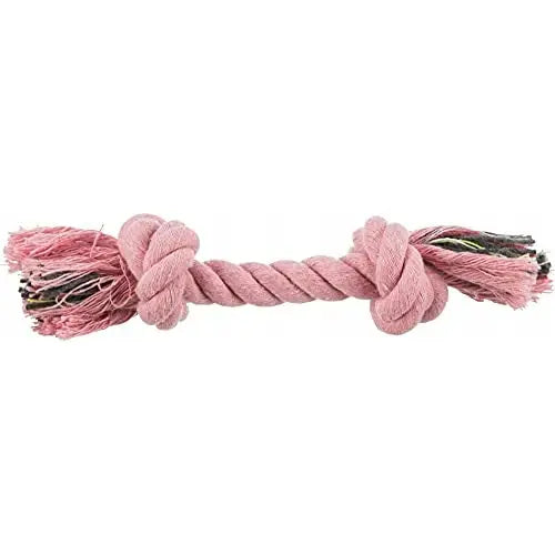 Trixie rosa tauleke til hund, 15 cm, med to knuter og frynsete ender i flettet bomull, vist fra siden.