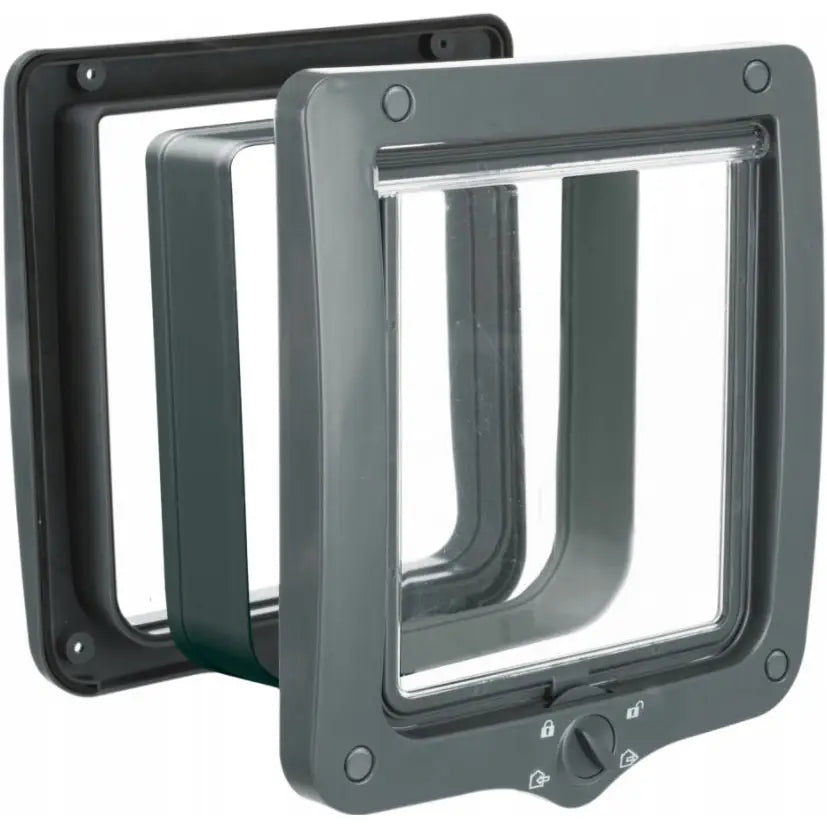 Trixie 44242 XL dør med tunnel, grå plastluke med gjennomsiktig dør og justerbar lås sett fra siden.