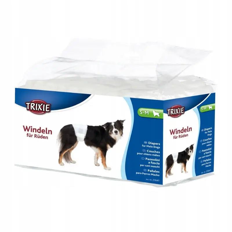 Trixie bleier for hund str. M–L, pakke med 12 hvite bleier og bilde av hund med bleie på blå og hvit eske.