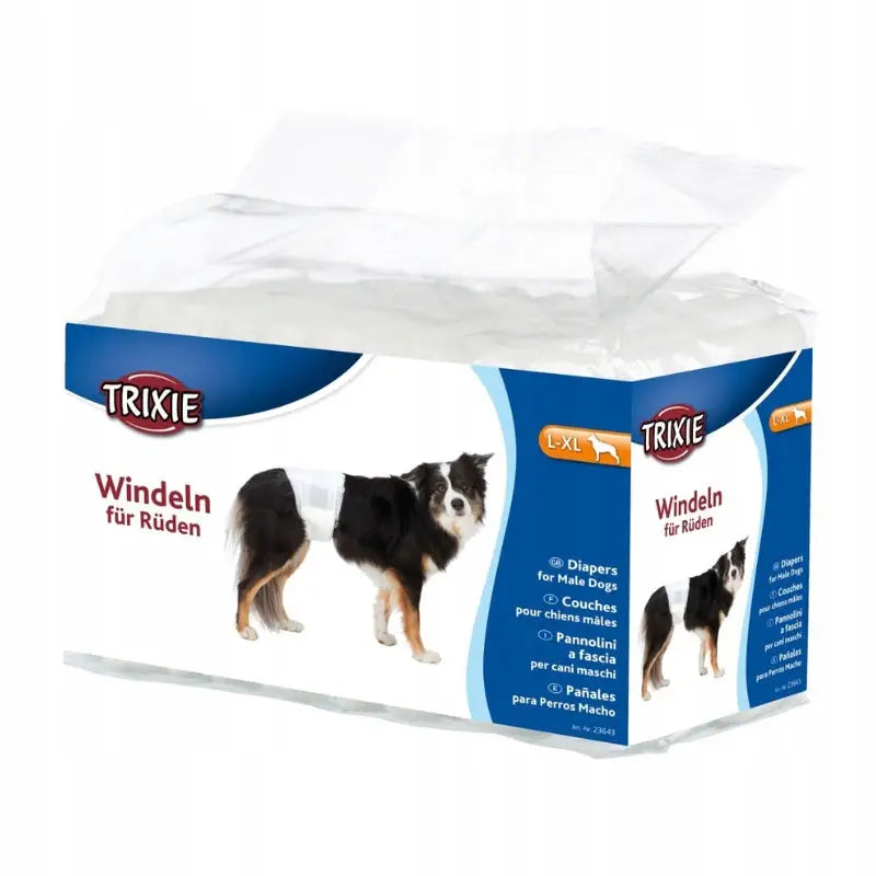 Trixie bleier for hannhunder størrelse L-XL, pakke med blå detaljer og bilde av hund med bleie fra siden.