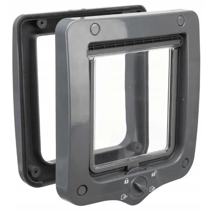 Trixie Kattedør 4-veis Tx i grå plast med gjennomsiktig panel og justerbar låsemekanisme med fire symbolvalg.