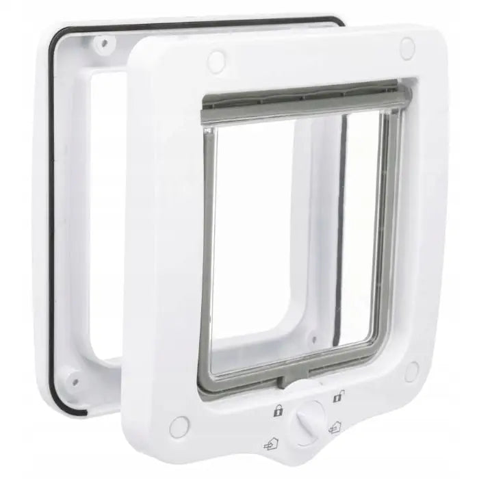 Trixie Lukeluke Svingdører 4-veis 20x22 cm hvit, skråvisning med synlig låsesystem og gjennomsiktig dør.