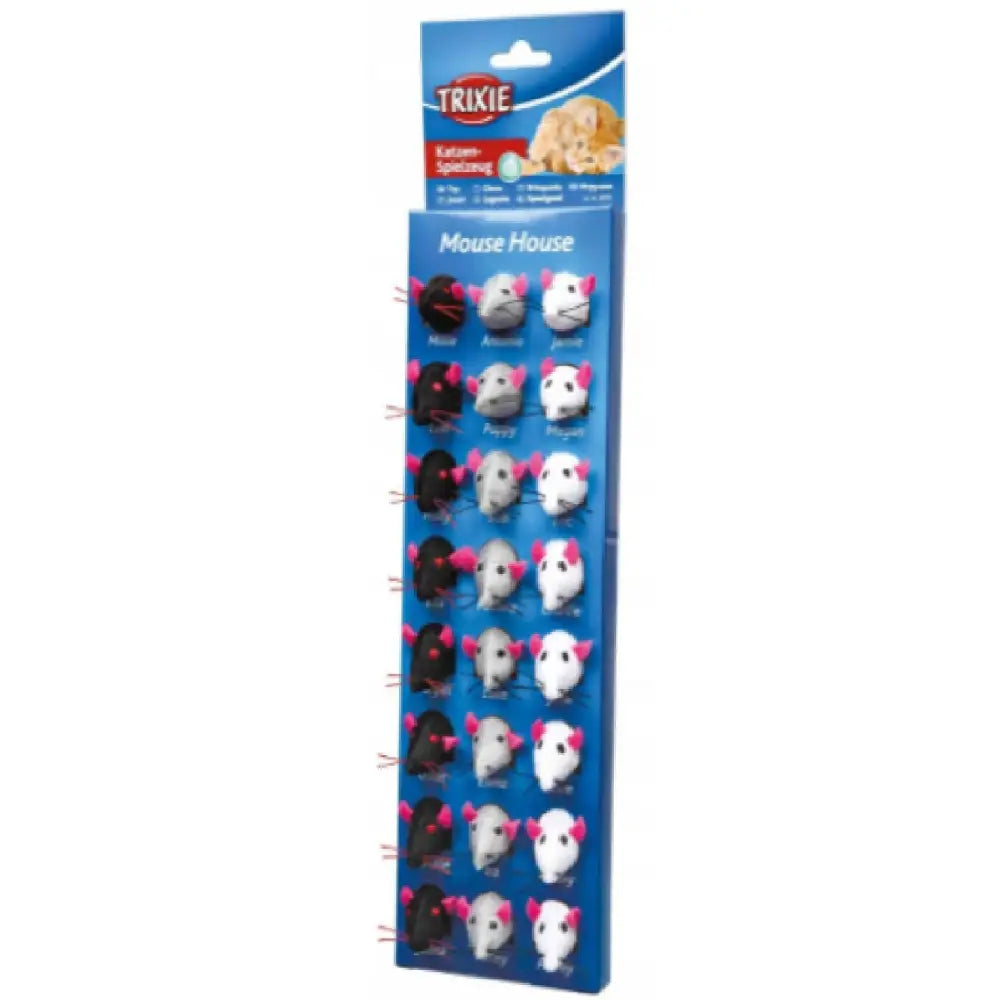 Trixie Paradis Musefest, 24 små plysjmus i ulike farger med rosa ører, arrangert på blått stativ.