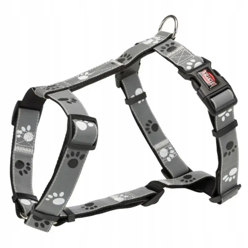 Trixie Seler Silver Reflect M/L, grå nylonsele med sorte og hvite potemønstre, sett fra siden med justerbare spenner.