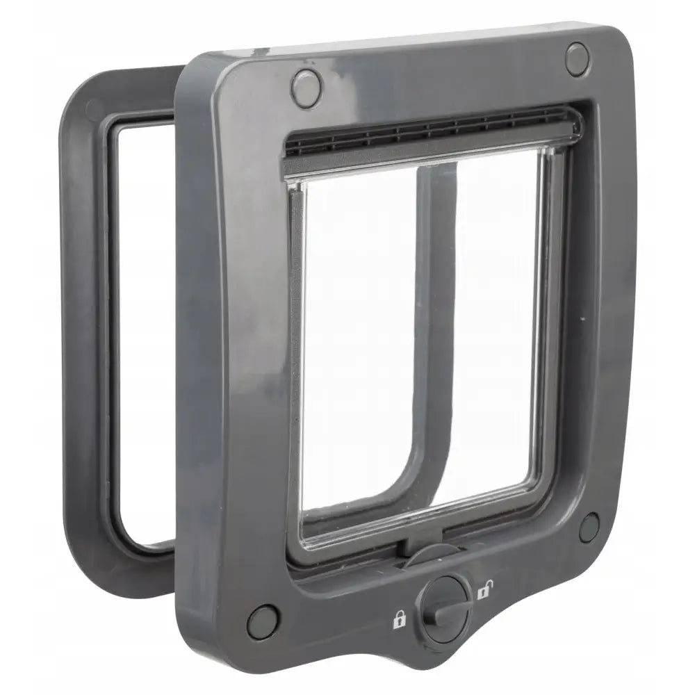 Trixie Tosidige Svingdører 2-Veis, grå plast katteluke med gjennomsiktig luke og synlig låsemekanisme, sett fra høyre vinkel.