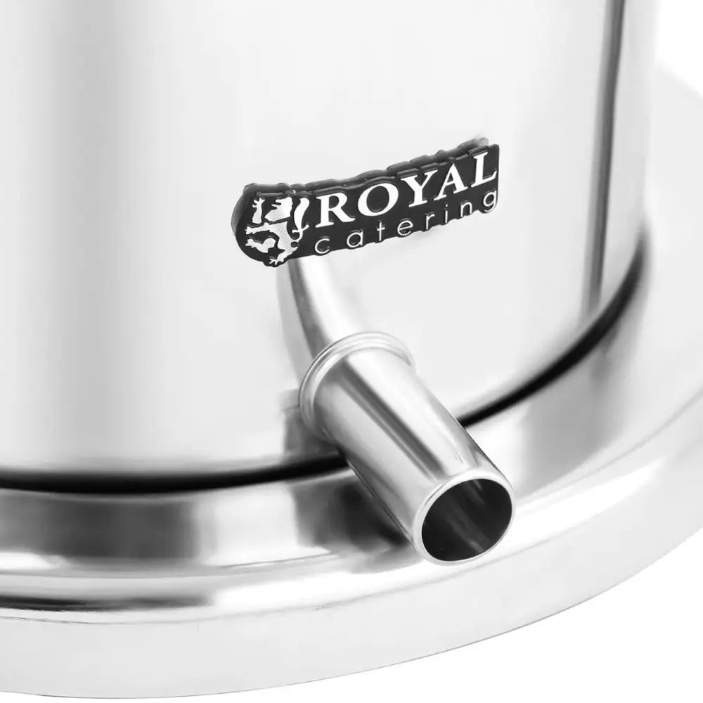 Manuell vinpresse for frukt, detaljert visning av tuten i blankt stål og Royal Catering-logoen på beholderen.