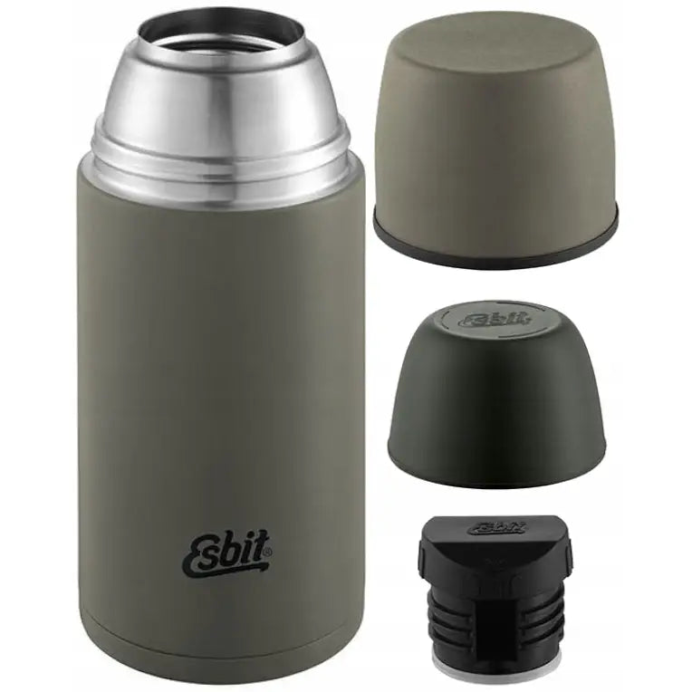 Turisttermos i matt olivengrønn, frontvisning med to kopper, metallinnsats og sort skrukork vist adskilt.