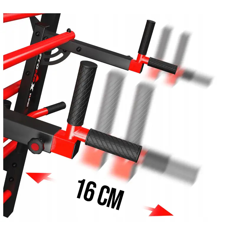 Ribbevegg med pull-up-stang, sidevisning av sorte og røde håndtak med 16 cm justerbarhet og gummigrep.
