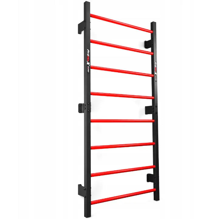 Ribbevegg med pull-up-stang, sort og rød modell sett skrått forfra, metallisk finish mot hvit bakgrunn.