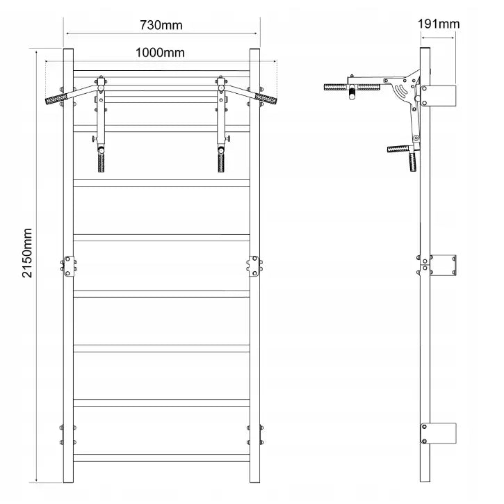 Ribbevegg med pull-up-stang, teknisk tegning med mål og justerbare håndtak sett forfra og fra siden.